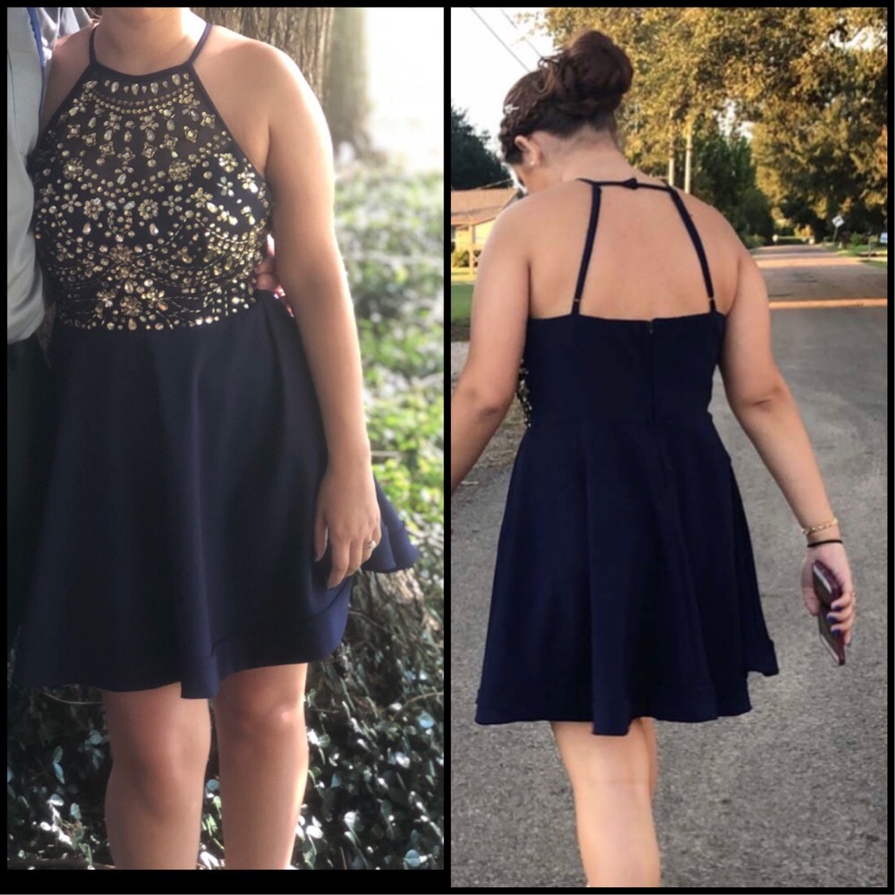 navy blue homecoming dress with sequins